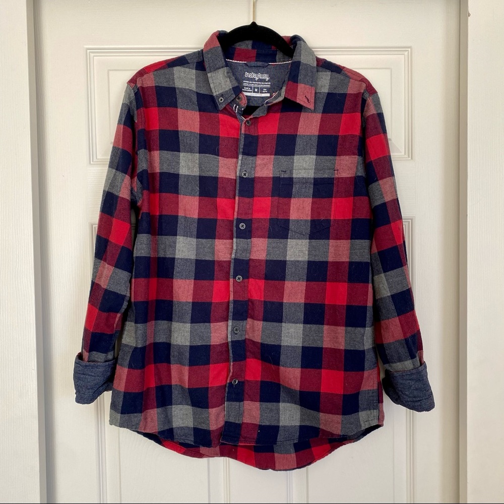 Mens One Day Away Checkered Plaid Flannel Flip Cuff Shirt‎ Size Medium